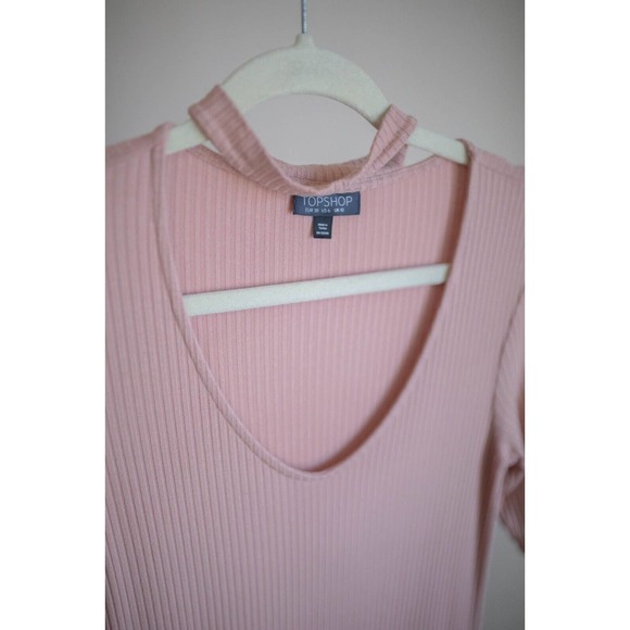 TOPSHOP Pink Ribbed Choker Scoop Neck Midi Dress Side Slits SZ 6 - Picture 2 of 7
